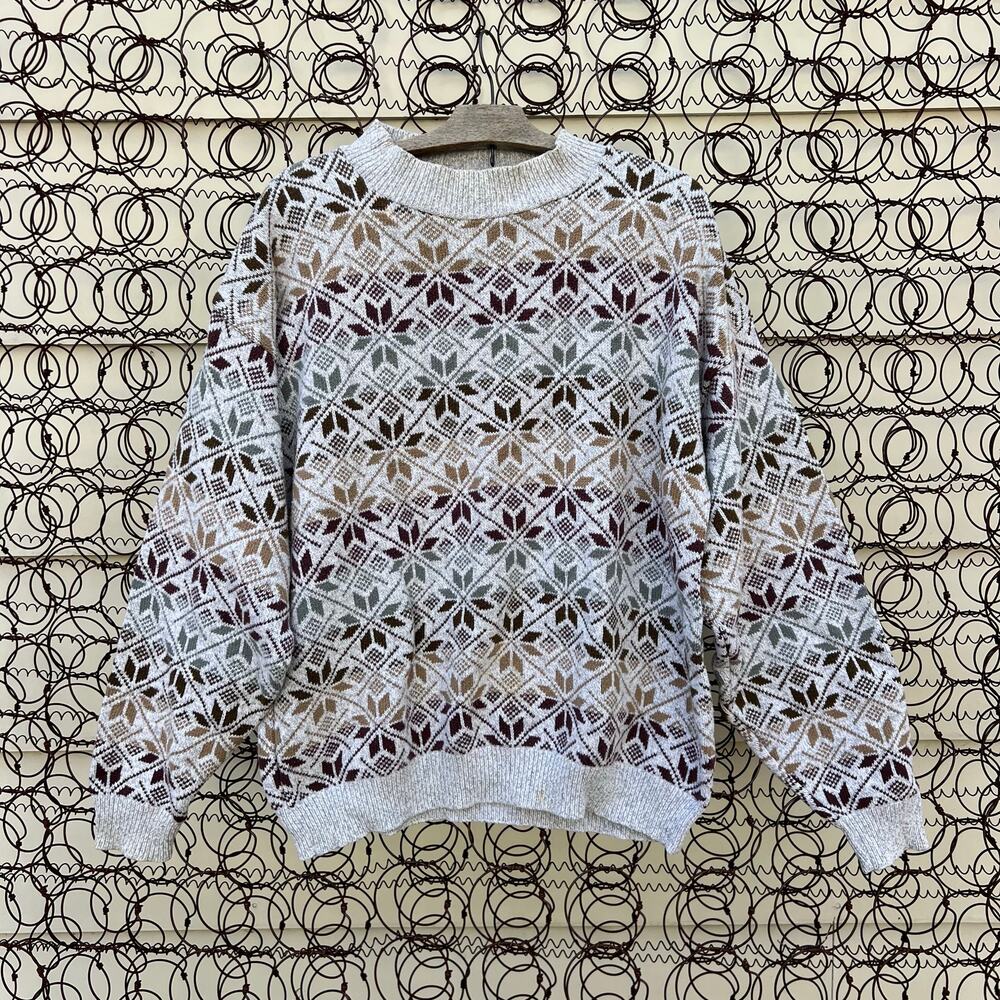 VTG 90s Van Heusen Fair Isle Snowflake All Over Knit Mock Neck Sweater LG Cotton